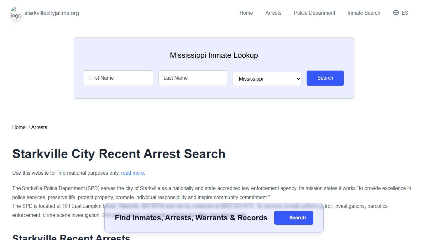 Starkville, MS Arrests, Active Warrants Lookup