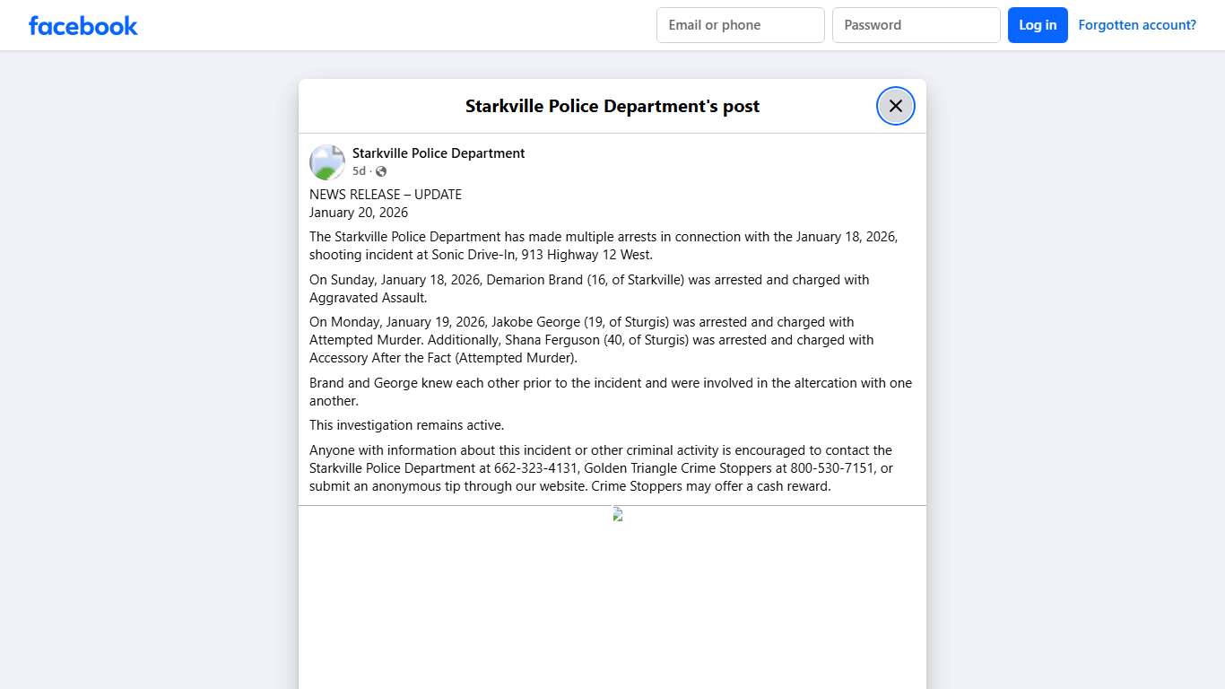 NEWS RELEASE – UPDATE... - Starkville Police Department Facebook