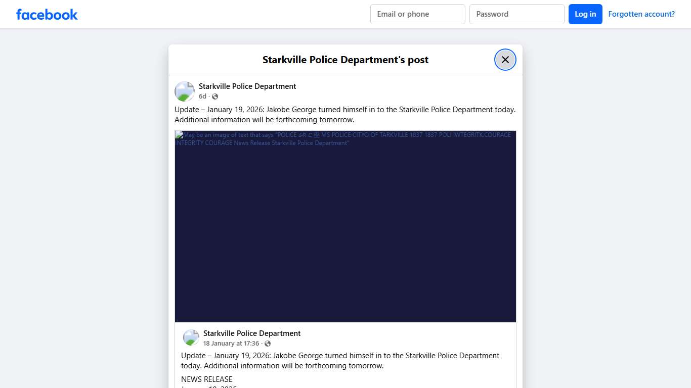 Update – January 19, 2026:... - Starkville Police Department Facebook